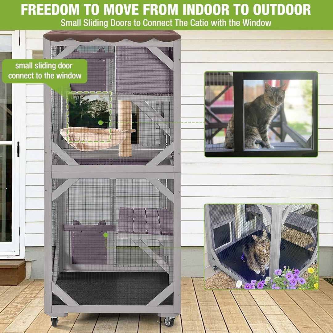 MEDEHOO Cat House Outdoor Catio for Cat Enclosure on Wheels 62.5" Large Kitty Shelter with Waterproof Cover,Indoor Cat Cage with Resting Room,Platforms AIRJO22-M