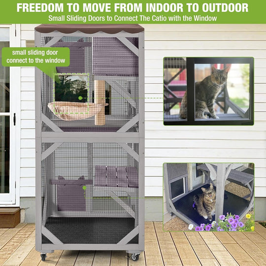 MEDEHOO Cat House Outdoor Catio for Cat Enclosure on Wheels 62.5" Large Kitty Shelter with Waterproof Cover,Indoor Cat Cage with Resting Room,Platforms AIRJO22-M