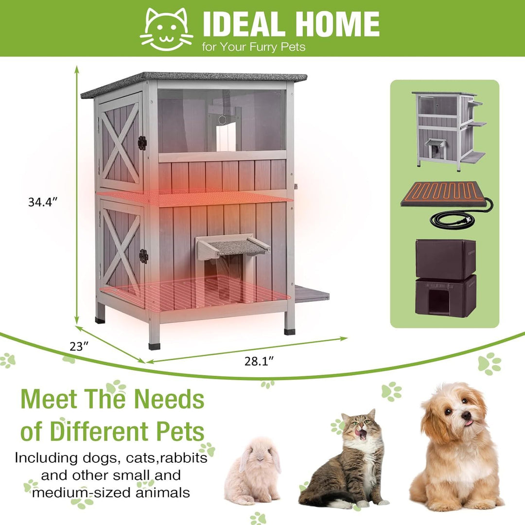 MEDEHOO 2-Story Heated Cat House Large Outdoor Insulated Cat House Weatherproof Feral Cat Shelter with Heated Pad Insulated Thermal Liner for 1-4 Cats