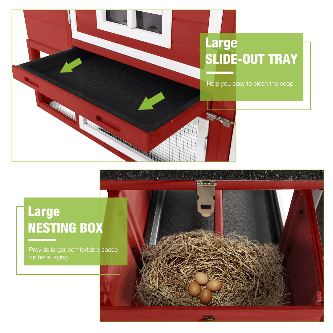 BUTINGLALE Outdoor Mobile Chicken Coop with Wheels Hen House with Nesting Box Wooden Bunny Cage Large Duck House with Run UV Roof Rabbit Hutch(Red) AIR23-R-N