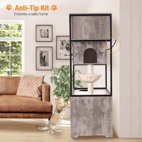 MEDEHOO Cat Litter Box Enclosure, Hidden Litter Box Furniture with Metal Frame, Wooden Kitty House with Barn Door, Wooden Cat Washroom Furniture, Fit Most of Litter Box (Grey) AIR102-I-A111-WM
