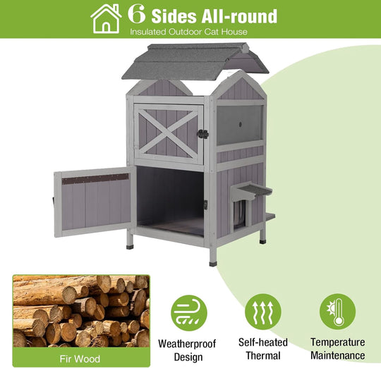 MEDEHOO 2-Story Outdoor Cat House Large Weatherproof Feral Cat Shelter Wooden Elevated Kitty Condo with Openable Roof, Large Doors, Acrylic Window