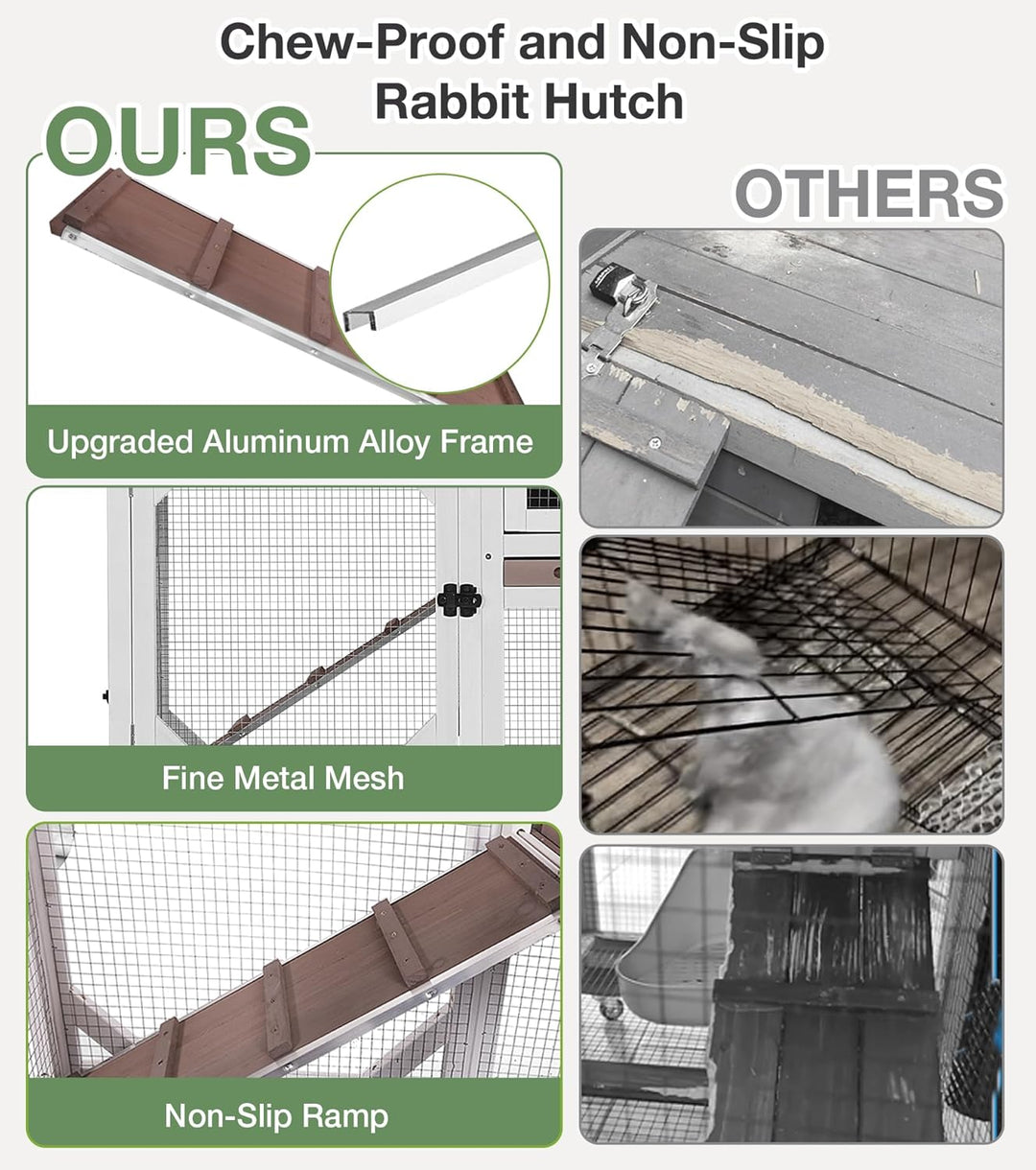 MEDEHOO Rabbit Hutch 2-Story Wooden Bunny Cage with 2 Leak-Proof Sliding Trays, Chew-Proof Metal Mesh, Rainproof Cover, Indoor &amp; Outdoor Guinea Pig House with Wheels - Brown AIR7013-B-AD-WM-WM