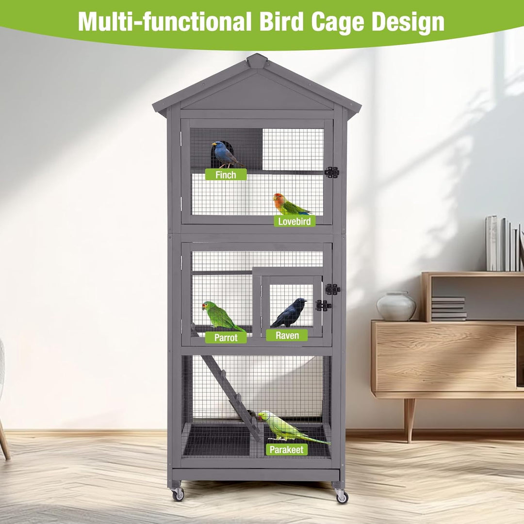 MEDEHOO Large Bird Cage Outdoor Wooden Aviary Indoor on Wheels, with Play Stand, Perches, Nest Habitat &amp; Wire Mesh Tray for Easy Cleaning AIR42-G-MB-WM