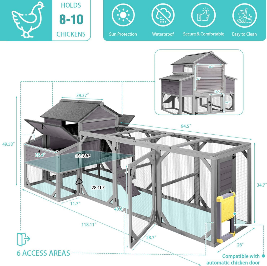 BUTINGLALE Large Outdoor Chicken Coop with Run, Multi-Level Hen House, Weatherproof Roof, Predator-Resistant Design &amp; 6 Nesting Boxes for 8-10 Chickens, 41 sq.ft AIR46-M-MA-WM