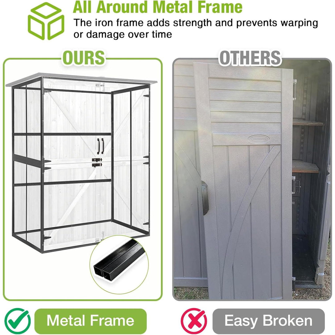 MEDEHOO 55" Outdoor Storage Shed, Modern Wooden Tool Cabinet with Heavy-Duty Metal Frame, 3 Adjustable Shelves and Weatherproof Asphalt Roof for Patio &amp; Garden, White AIR99-N-Shed-WM