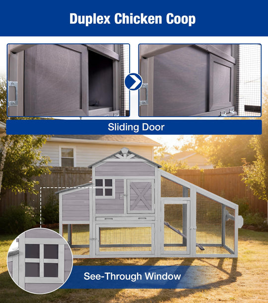 MEDEHOO Mobile Chicken Coop with Run, Large Wooden Chicken House with Wheels, Duplex Hen House with Nesting Box, Slide-Out Tray, Waterproof Roof, Accommodates 2-4 Chickens - Grey
