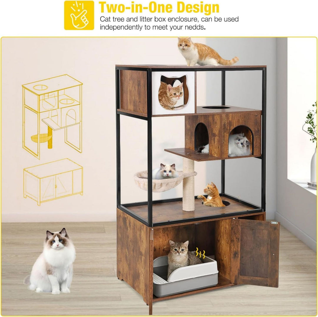 MEDEHOO Cat Litter Box Enclosure, Litter Box Furniture Hidden, Wooden Cat Washroom Furniture, Indoor Cat House with Condo, Hammock, Scratching Mat and Storage Shelves