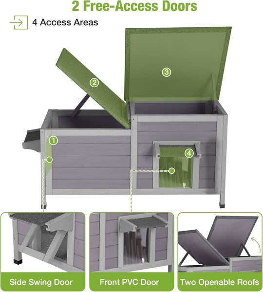 MEDEHOO Outdoor Cat House Weatherproof, Large Cat Shelter with Openable Roofs, Feral Kitty Shelter with Elevated Base, PVC Curtain AIR93-AD-WM