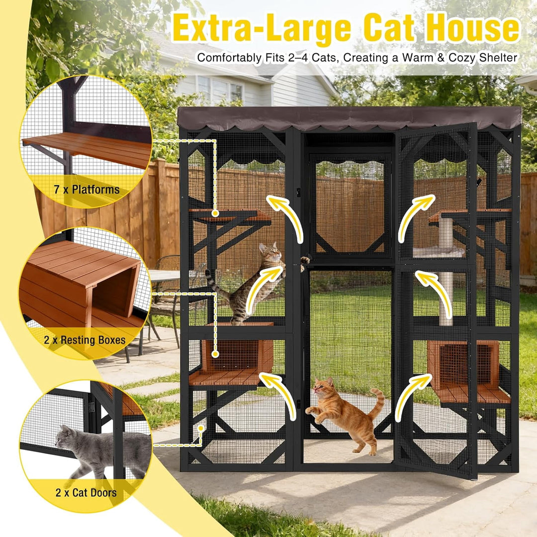 MEDEHOO 70" Large Catio Outdoor Cat Enclosure, Window Catio Wooden Cat House Walk-in Cat Cage with 7 Platforms, Scratch Post, Hammock for 2-6 Cats