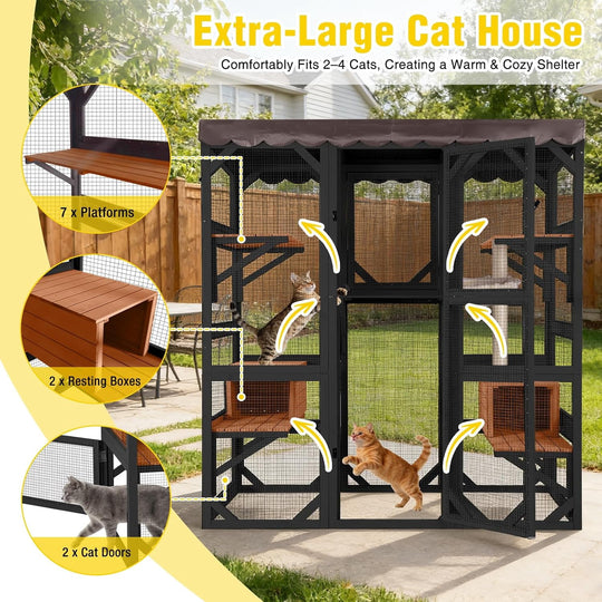 MEDEHOO 70" Large Catio Outdoor Cat Enclosure, Window Catio Wooden Cat House Walk-in Cat Cage with 7 Platforms, Scratch Post, Hammock for 2-6 Cats