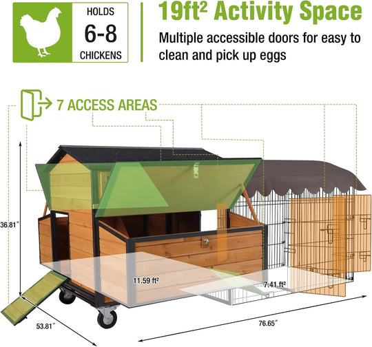 MEDEHOO Mobile Chicken Coop with All Arounded Metal Frame Large Hen House with Super Large Wheels for 6–8 Chickens, 6 Nesting Boxes, Metal Run, 76.7" L AIR7019-A-WM