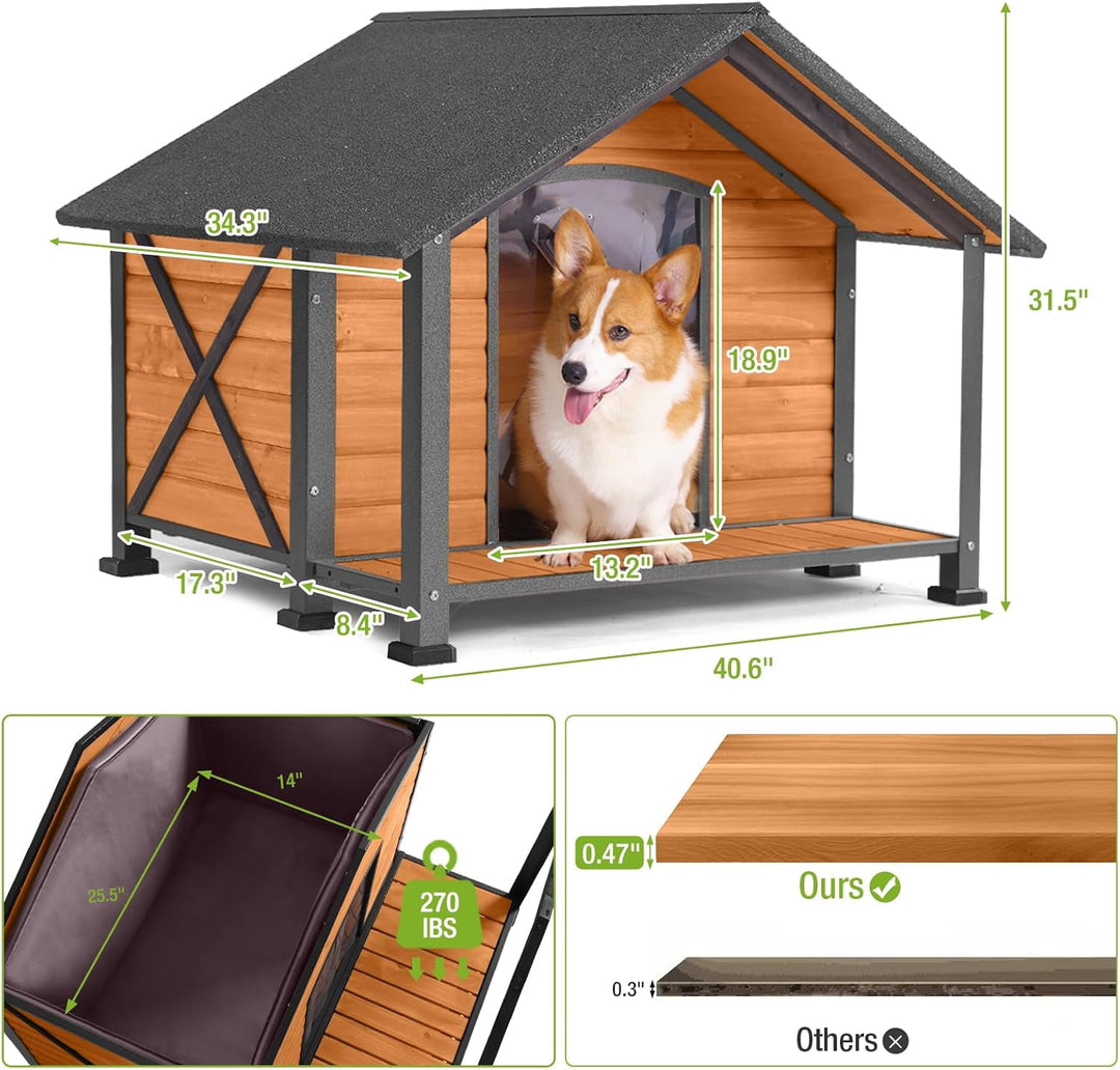 MEDEHOO Heated Dog House for Outside Insulated Dog House Outdoor Weatherproof with Safe Heated Pad, Chew-Proof Metal Frame and Insulated Liner for Medium Dogs, 40.6" L x 34.3" W x 31.5" H