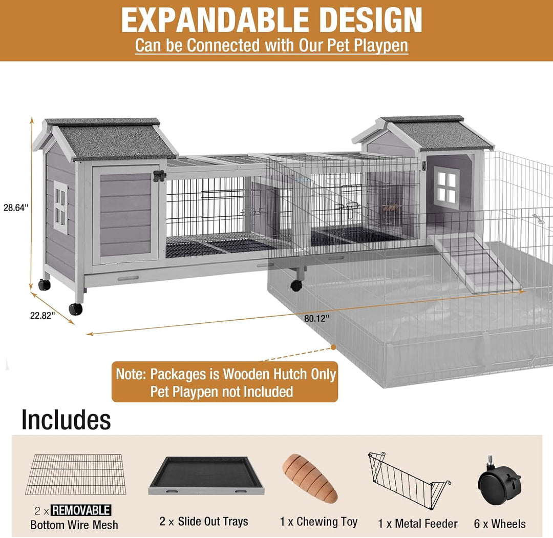 MEDEHOO Rabbit Hutch Indoor Outdoor Bunny Cage Upgrade Large Space for Rabbit,Guinea Pig,Bunny and Other Small Animals,On Wheels Move Easily. AIR68-J