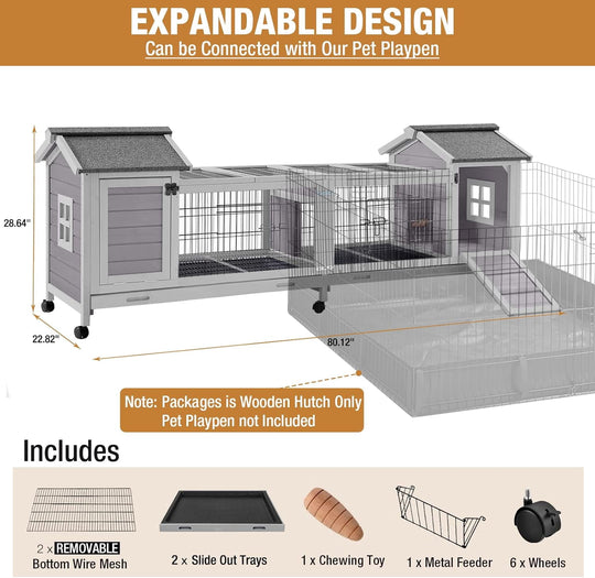 MEDEHOO Rabbit Hutch Indoor Outdoor Bunny Cage Upgrade Large Space for Rabbit,Guinea Pig,Bunny and Other Small Animals,On Wheels Move Easily. AIR68-J