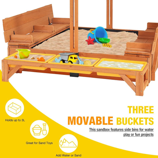 MEDEHOO Wooden Sandbox with Cover | Large Sandpit for Kids Outdoor with Adjustable Canopy Backyard Play with Movable Toy Bins GUT080-WM