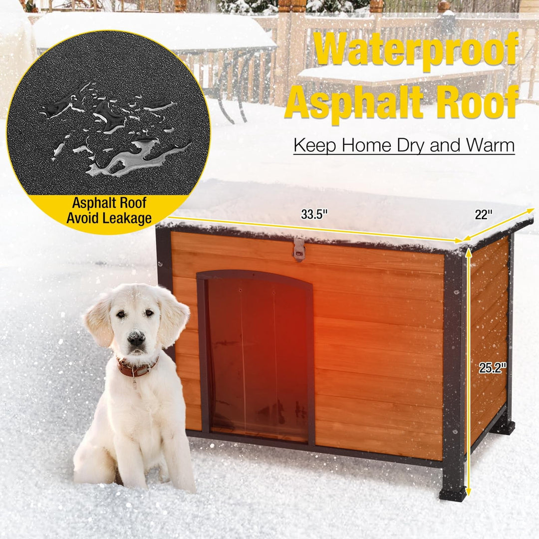 MEDEHOO Outdoor Heated Dog House with Heating Pad &amp; Insulated Liner for Winter, Anti-Chewing Iron Frame Dog Kennel for Small &amp; Medium Dogs, Brown AIRJO74-IN-HP-WM
