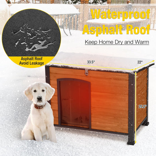 MEDEHOO Outdoor Heated Dog House with Heating Pad &amp; Insulated Liner for Winter, Anti-Chewing Iron Frame Dog Kennel for Small &amp; Medium Dogs, Brown AIRJO74-IN-HP-WM