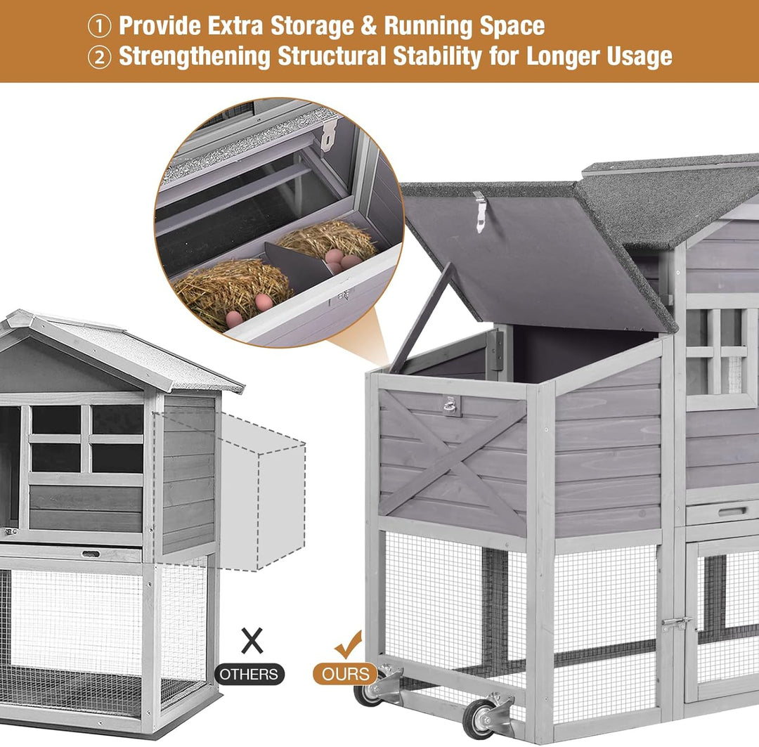 MEDEHOO 73.4" Large Chicken Coop with Wheels for Outdoor, Mobile Chicken House with Nest Box &amp; Removable Tray for 2-5 Chickens, Weatherproof Poultry Cage, Gray SKY32-D-WM