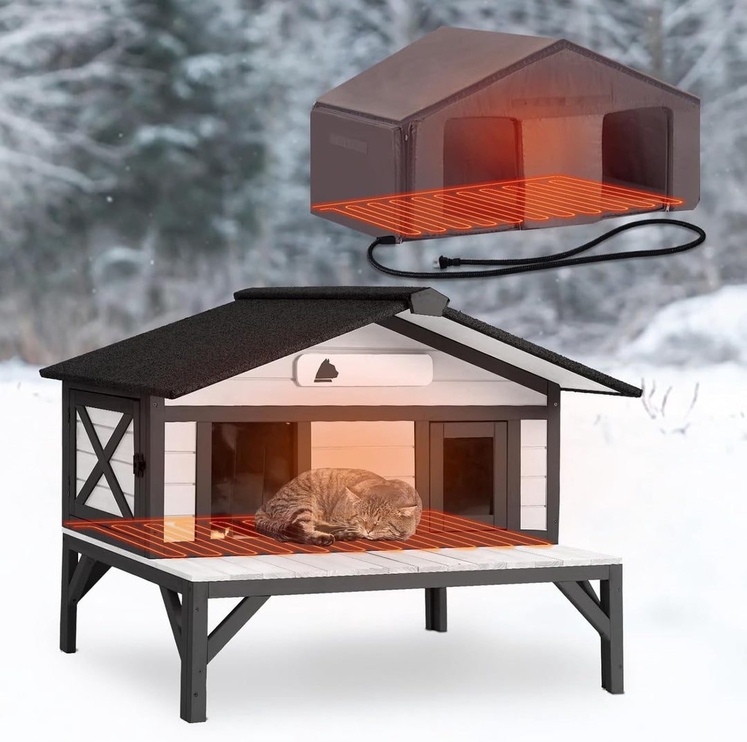 MEDEHOO Heated Cat House for Outside Large Outdoor Cat House Insulated Weatherproof Feral Cat Shelter with Heating Pad, Insulated Thermal Liner, Chewproof Cable for 1-4 Cats, Winter-Ready (Black)