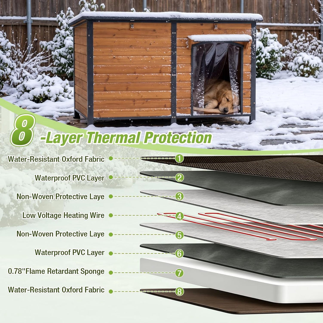 MEDEHOO 59.1" Extra Large Heated Dog House with 6-Side Insulation &amp; Heavy Duty Steel Frame Weatherproof for Winter Outdoor, Brown AIR63-IN-WM