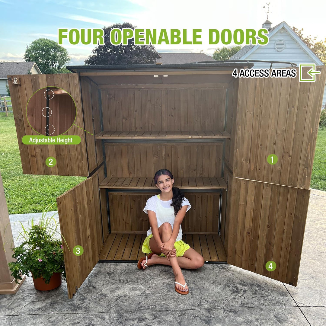 MEDEHOO Outdoor Storage Shed with Metal Frame,Large Wooden Tool Cabinet with Adjustable Shelfs, House Garden Shed for Backyard Garden Patio Lawn