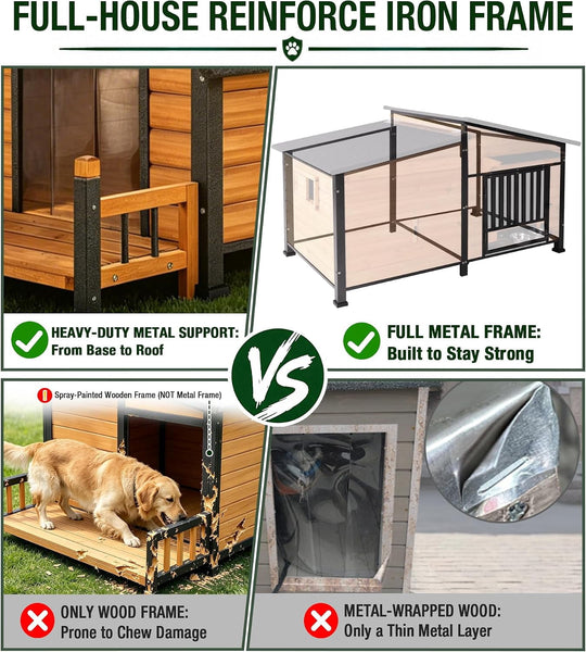 MEDEHOO Extra Large 60" Insulated Heated Dog House with Heating Pad &amp; Insulated Liner, Outdoor Dog House with Chew-Proof Metal Frame for Large Dog Breeds, Brown