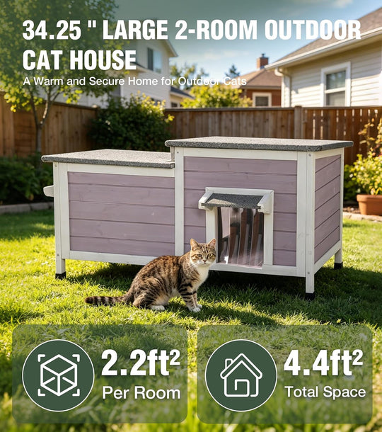 MEDEHOO Outdoor Cat House Weatherproof 2-Room Cat Shelter 34" L Large Outside Cat House with Asphalt roof, PVC Curtain and 2 Entrances for 2-3 Cats