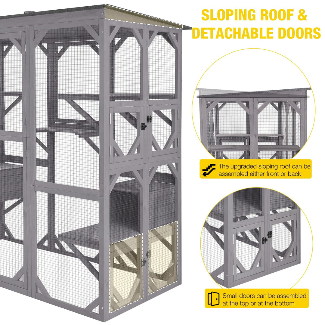 MEDEHOO Cat House Outdoor Catio Kitty Enclosure with Super Large Enter Door,Wooden Cat Cage Condo Indoor Playpen with Platforms, 71 Inch