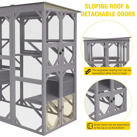 MEDEHOO Cat House Outdoor Catio Kitty Enclosure with Super Large Enter Door,Wooden Cat Cage Condo Indoor Playpen with Platforms, 71 Inch