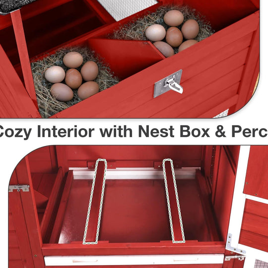 MEDEHOO Mobile Chicken Coop with Wheels, Wooden Chicken Coop with Nesting Box &amp; Removable Tray, Easy-Clean Outdoor Chicken House Duck House for 2–3 Chickens (Red) AIR72-R-D14-WM