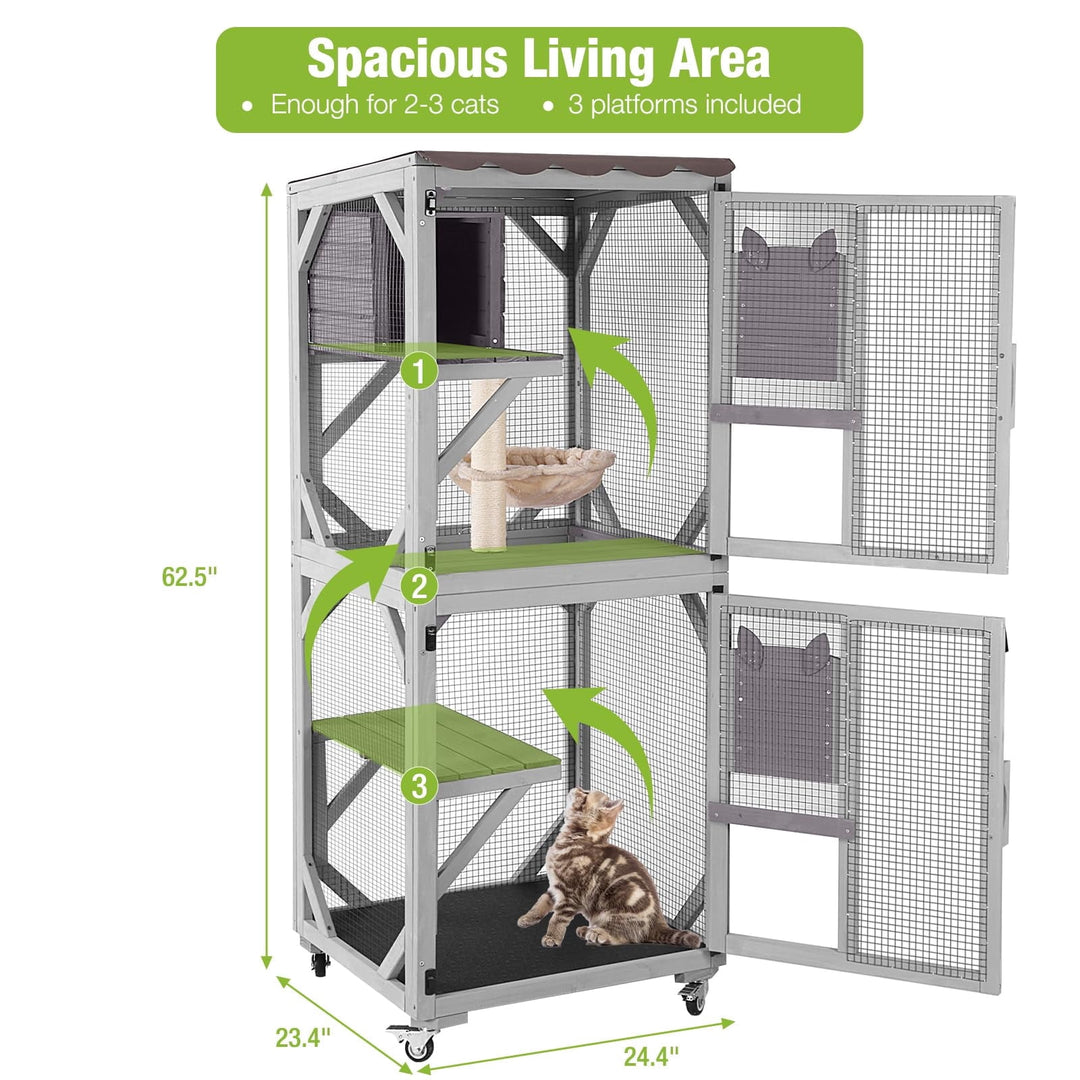 MEDEHOO Catio Outdoor Cat Enclosure on Wheels, Outdoor Cat House with Resting Box, PVC Layer, Waterproof Roof, 62.5" AIR22-M-L-WM