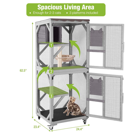 MEDEHOO Catio Outdoor Cat Enclosure on Wheels, Outdoor Cat House with Resting Box, PVC Layer, Waterproof Roof, 62.5" AIR22-M-L-WM