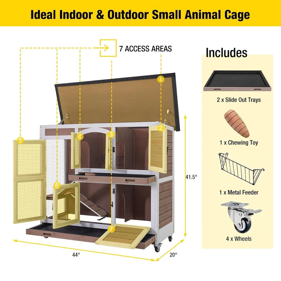 MEDEHOO Wood Rabbit Hutch Bunny Cage with Wheel, Two Layer Guinea Pig House for Outdoors &amp; Indoors, Brown AIR06-D-WM