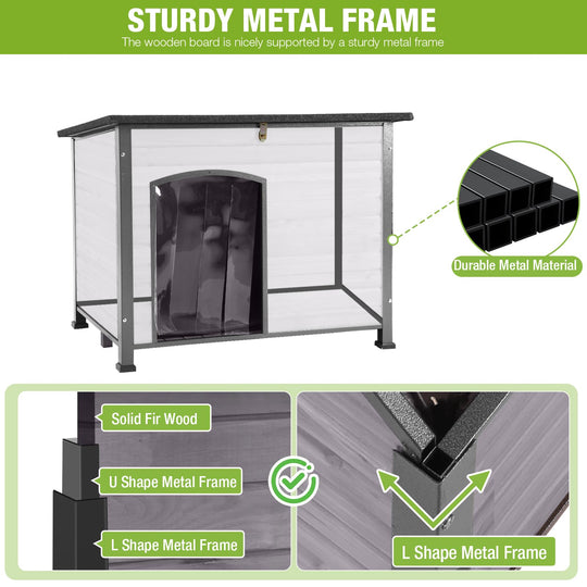 MEDEHOO 33.5 in Wooden Dog House for Medium Dogs, Chew-Proof Iron Frame Outdoor Dog Kennel with Openable Roof and Removable Floor, Grey
