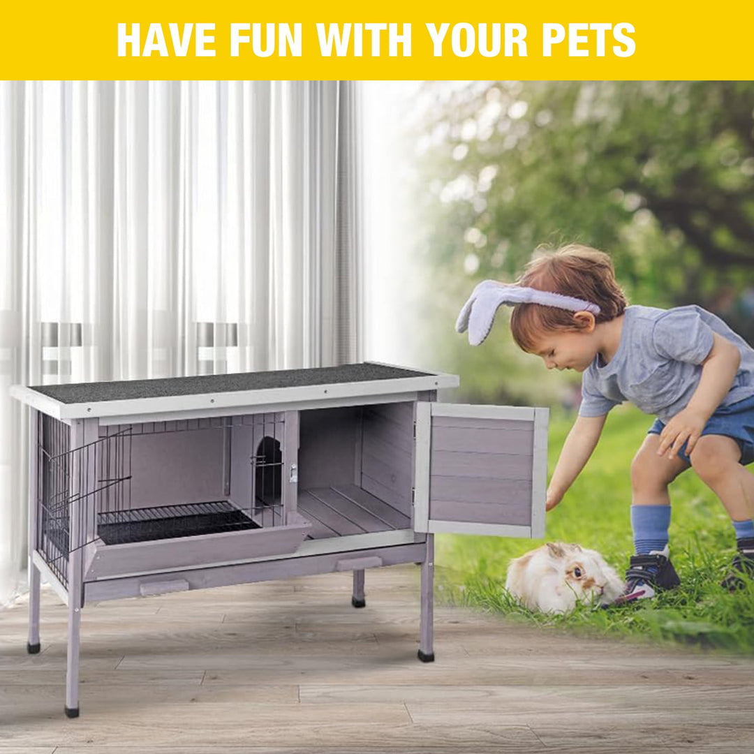 MEDEHOO Rabbit Hutch, Wooden Bunny Cages Indoor with Deeper Leakproof Tray - Upgrade with Metal Wire Pan (Grey, Rabbit Hutch #001-B) Large AIR001-B-WM