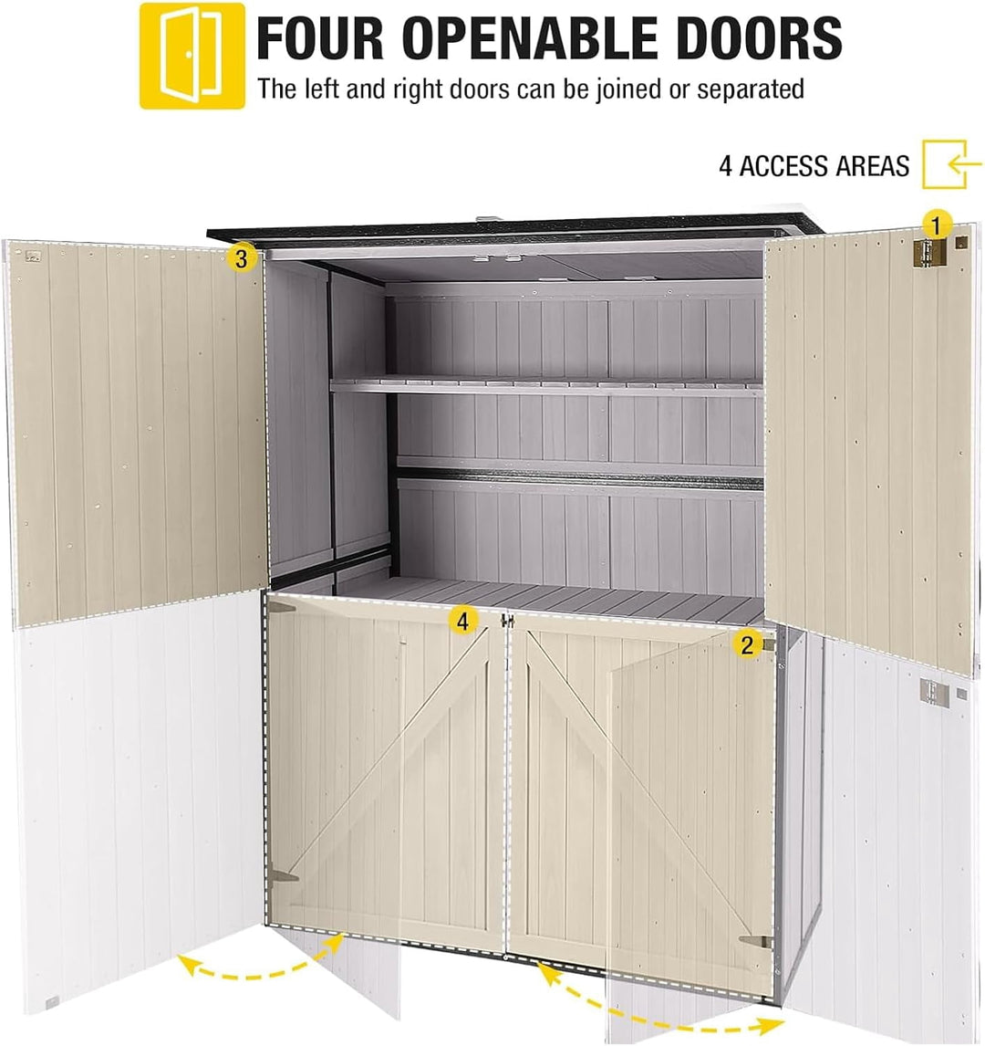 MEDEHOO Storage Shed Outdoor Storage Cabinet Upgraded with All Arounded Metal Frame, Wooden Floor and Adjustable Shevels 55" L x 29" W x 67" H, Off-White