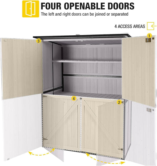 MEDEHOO Storage Shed Outdoor Storage Cabinet Upgraded with All Arounded Metal Frame, Wooden Floor and Adjustable Shevels 55" L x 29" W x 67" H, Off-White