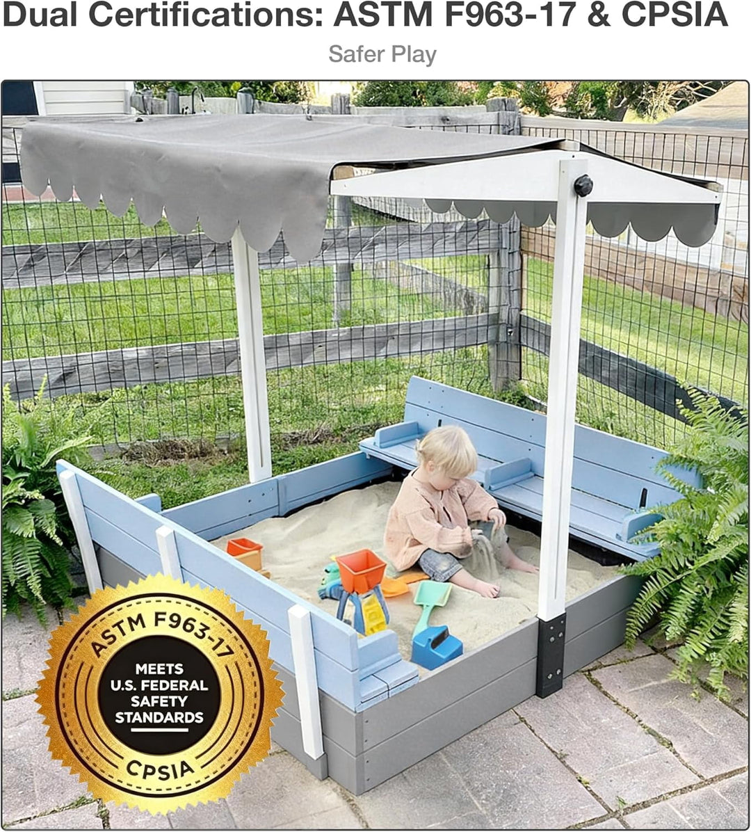MEDEHOO Sandbox with Lid and Cover, Kids Outdoor Sandbox with 360° Adjustable &amp; Waterproof Canopy, Sand Leak-Proof Liner, Sturdy Backyard Sandbox for Garden/Patio - Blue GUT05-B-4-AD-WM