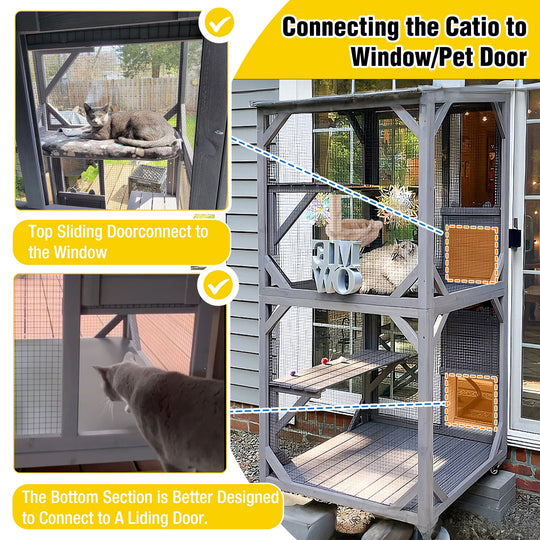 MEDEHOO 71" Large Catio Outdoor Cat Enclosure, Mobile Catio Enclosure Indoor On Wheels with Scratch Post, Hammock, Resting Box, Platform, Tarp Roof