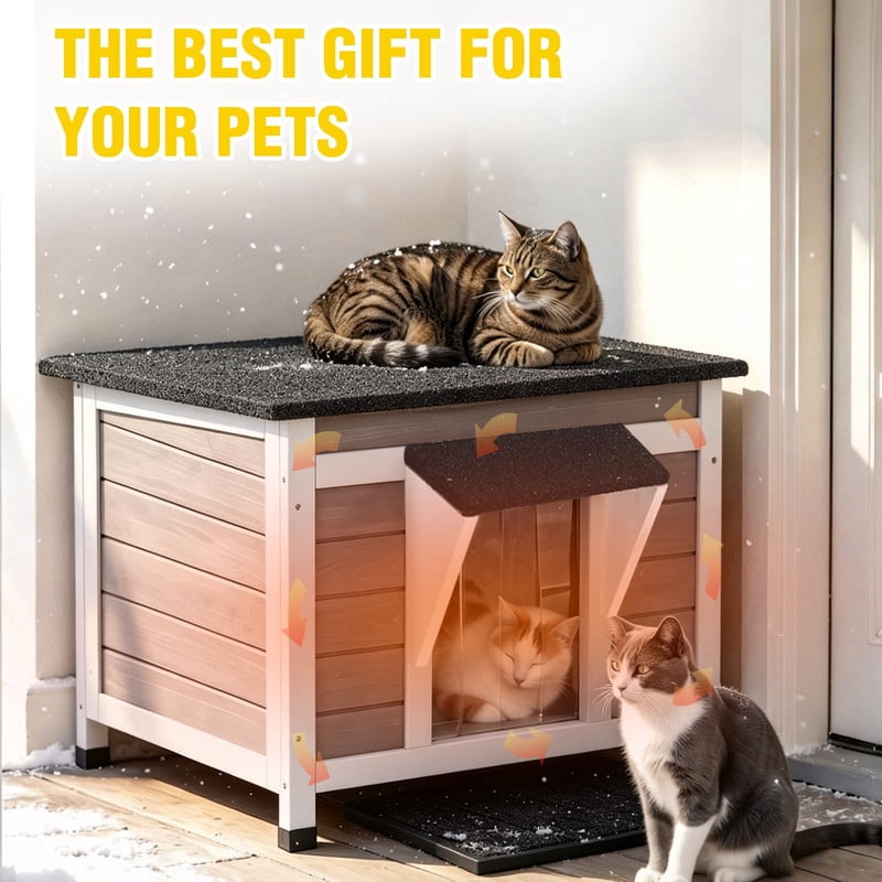 MEDEHOO Outdoor Heated Cat House with Heated Pad &amp; Insulated Liner, Weatherproof Insulated Feral Cat Shelter for Winter, Brown