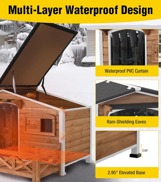 MEDEHOO 44.6" Large Outdoor Heated Dog House XL Insulated Dog Kennel with Safe Heating Pad, Chew-Proof Metal Frame, 6-Sided Thermal Liner for Large Dog Breeds, Dark Brown