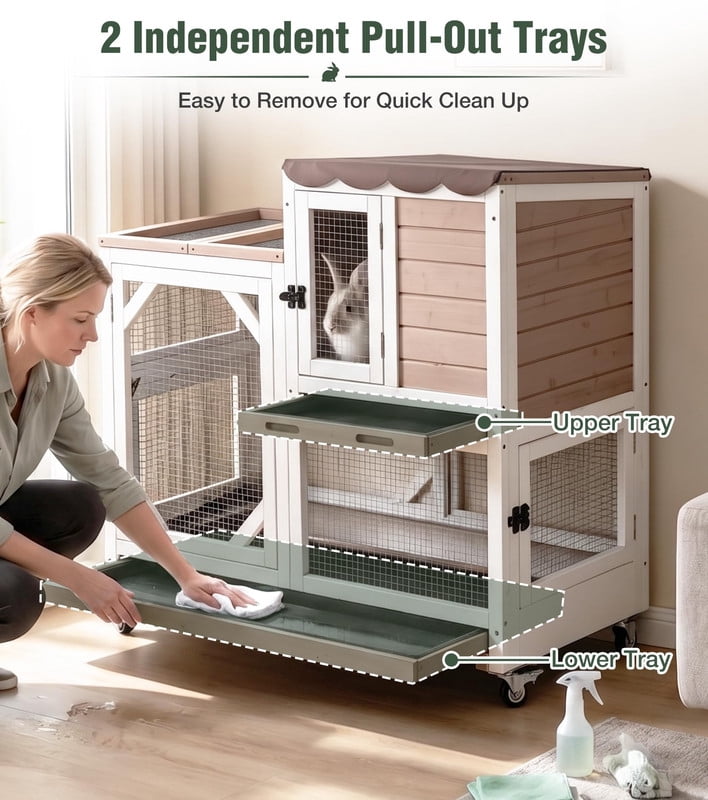 MEDEHOO 39" 2-Story Rabbit Hutch, Wooden Bunny Cage with Chew-Proof Ramp, 2 Leak-Proof Pull-Out Trays and Lockable Wheels for Guinea Pigs &amp; Small Pets, Brown AIR7013-MI-WM