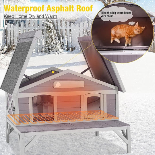 MEDEHOO Large Heated Outdoor Cat House, Insulated Feral Cat Shelter with Heating Pad, Weatherproof Design &amp; Removable Thermal Liner