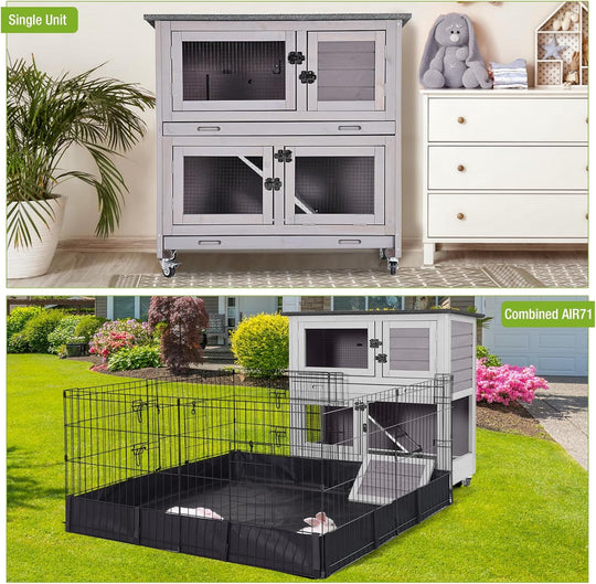 MEDEHOO Rabbit Hutch Indoor with Chew-Proof Design, Wooden Bunny Cage Outdoor Guinea Pig Cages with Wheels, Leak-Proof Trays for Rabbits, Guinea Pigs, Small Animals AIR77-G-MA-WM