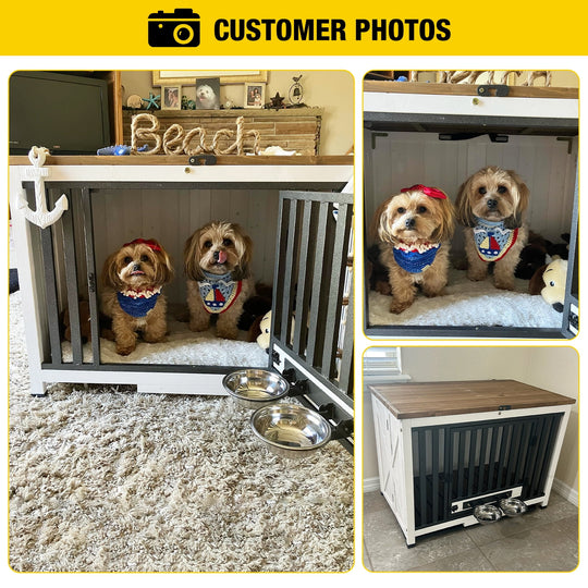 MEDEHOO Folding Dog Crate Furniture Portable Metal Dog Kennel with Dog Bowls &amp; Tray, Dog Crate for Small &amp; Medium Dogs with Opening Roof