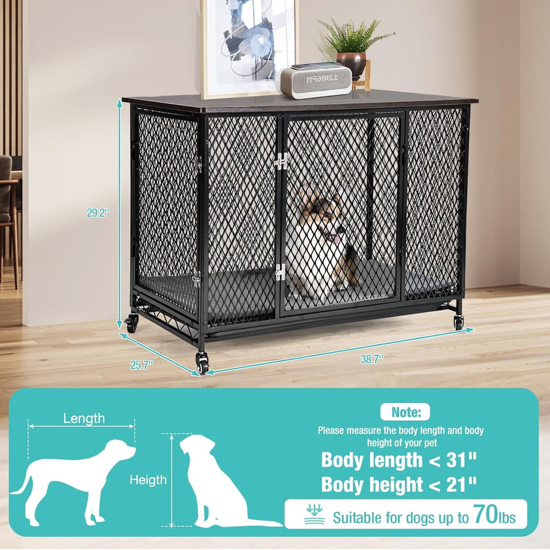 MEDEHOO Indoor Dog Crate Furniture, Movable Dog Kennel Side End Table with Wheels for Small Medium Large Dogs with Cushion, Tray, Wire, Rustic Brown(L) AIR79-A12-WM