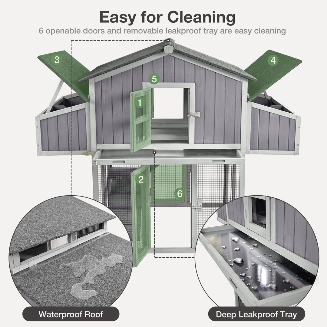 MEDEHOO Large Chicken Coop, Folding Chicken House for Outdoor with Two Nesting Box, Leakproof Pull-Out Tray, UV-Resistant Roof Panel, Gray MED66-WM