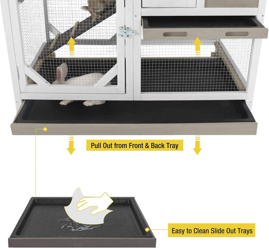 MEDEHOO Upgrade Rabbit Hutch Rabbit Cage Indoor Bunny Hutch with Run Outdoor Rabbit House with Two Deeper No Leak Trays - 4 Casters Include (Mocca Color Without Bottom Wire Netting) XZ7003-KK-WM