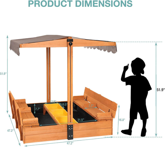 MEDEHOO Large Wooden Kids Sand Box with Cover, Sandbox with Lid Foldable Beench Seats, Sand Boxes for Backyard Garden, Beach Patio Outdoor COL08-A11-WM